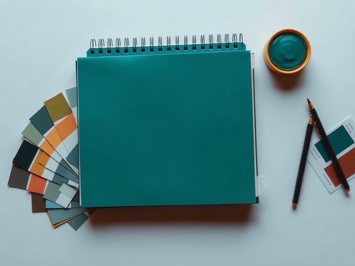 Design materials, colour swatches and sketchbook on a studio desk